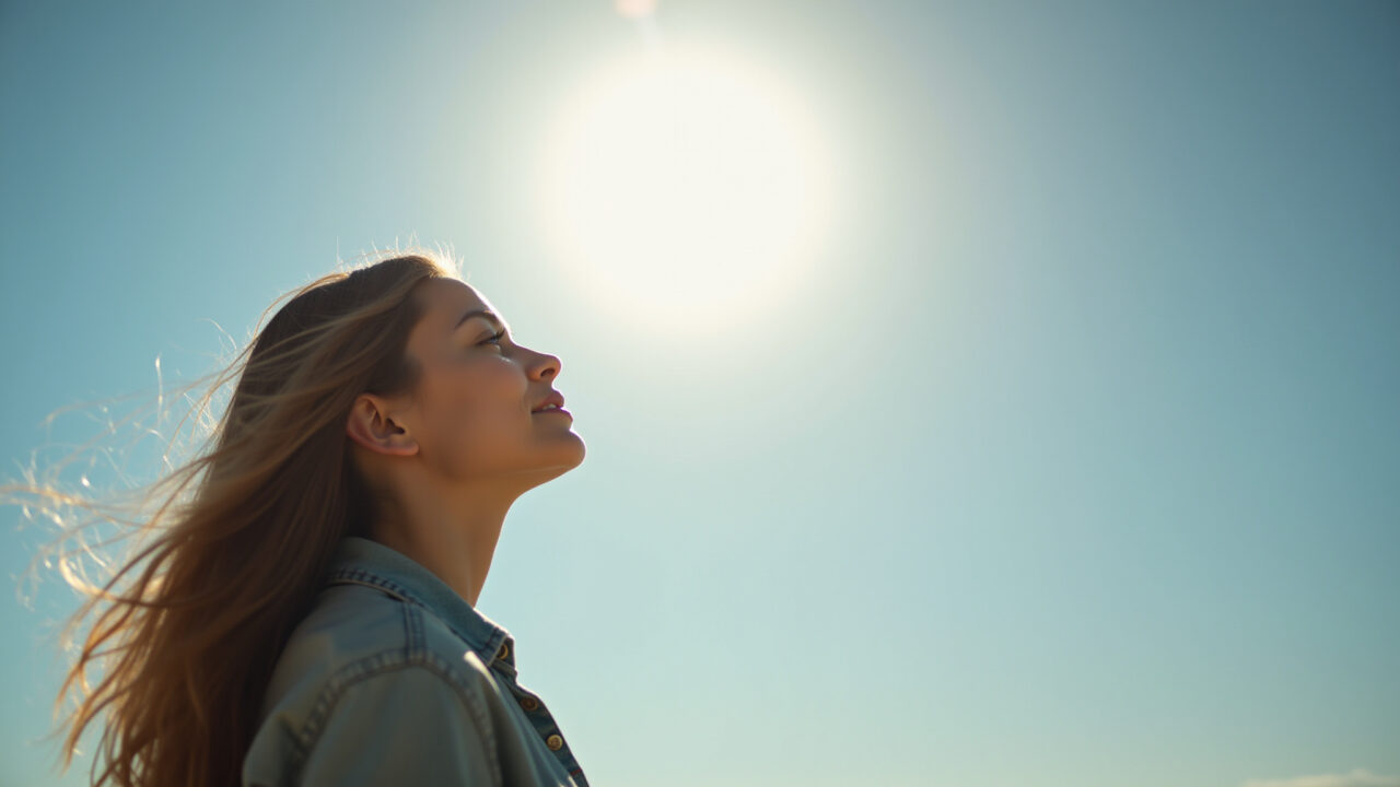 Lifestyle photography of a woman looking at the sky with faith, natural lighting, 8K quality, Mulher olhando para o céu com fé, confiando no universo.
