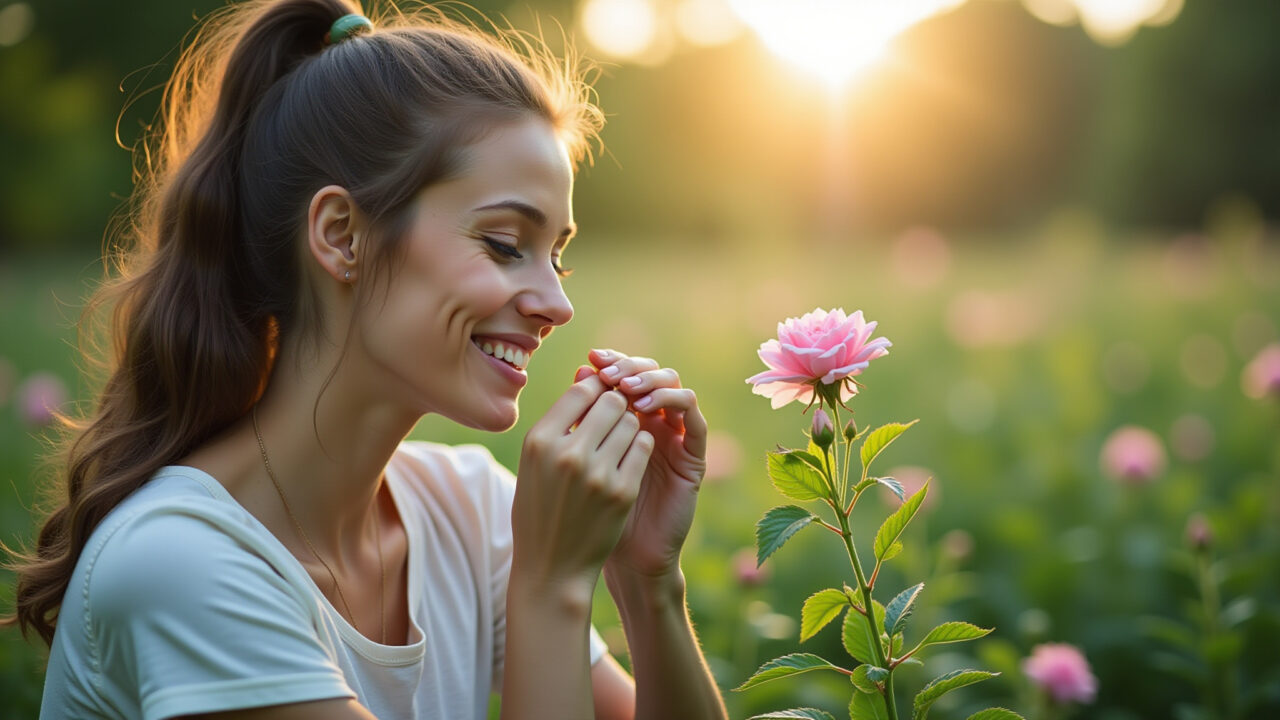 Lifestyle photography of a woman observing nature, focused on a blooming flower, natural lighting, Mulher observando o ciclo de uma flor, conectada com a natureza.