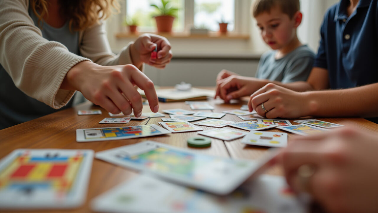 Lifestyle photography of a woman organizing board games and card games for a family game night, Mulher organizando jogos de tabuleiro para noite de jogos em família no Dia das Crianças.