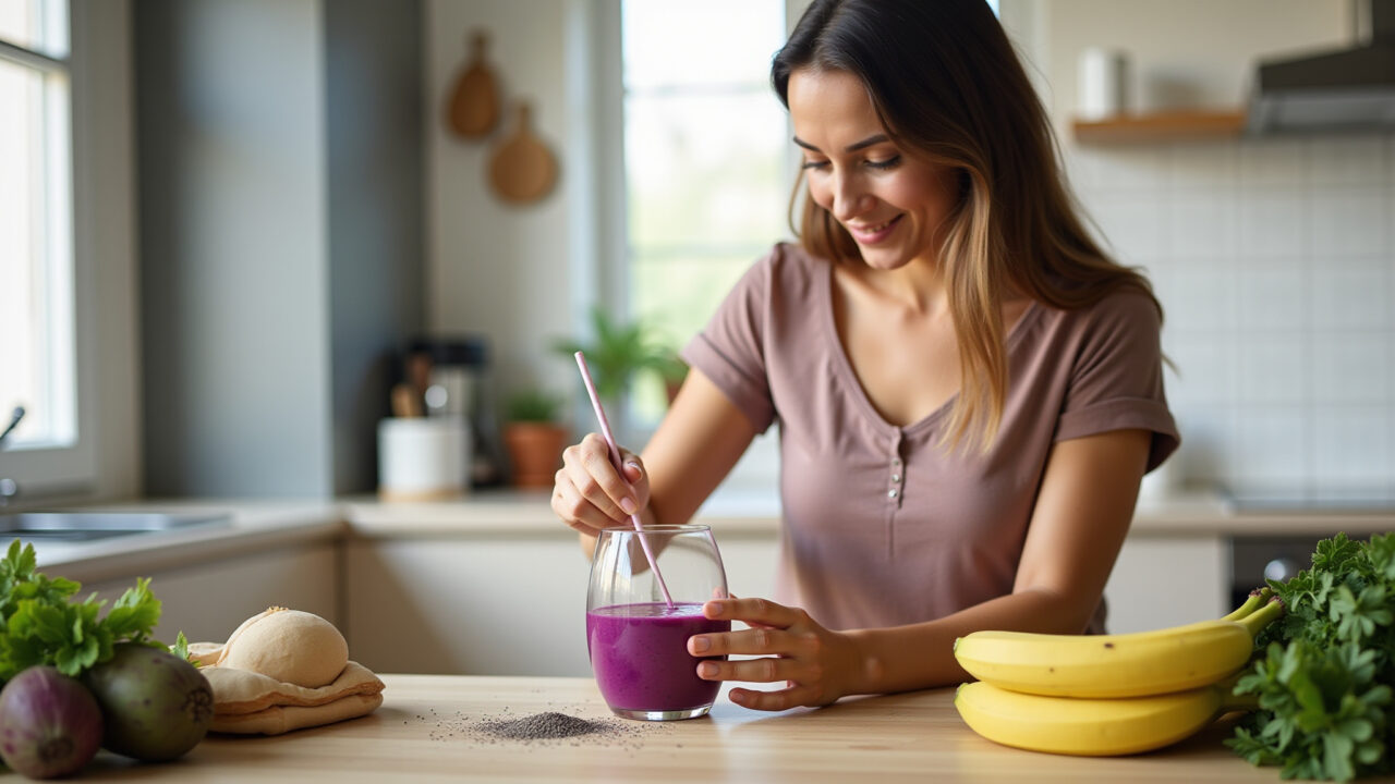 Lifestyle photography of a woman preparing a pitaya smoothie with banana and chia seeds in a Smoothie de pitaya com banana e chia sendo preparado.
