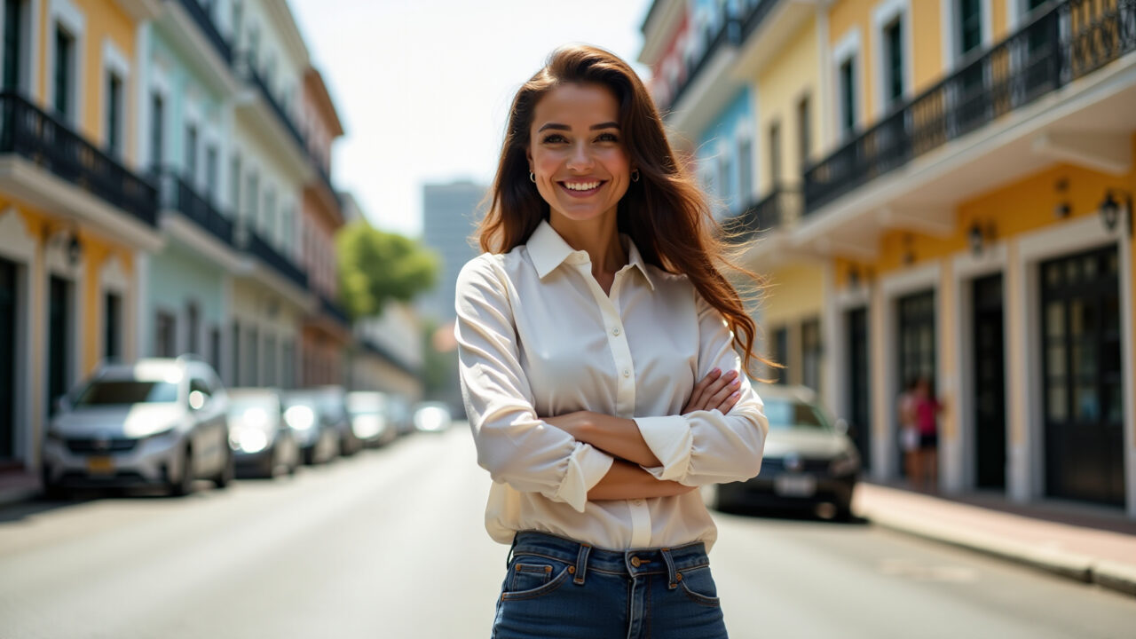 Lifestyle photography of a woman taking responsibility for her choices, confident posture, bright Mulher assumindo a responsabilidade por suas escolhas em um ambiente urbano.