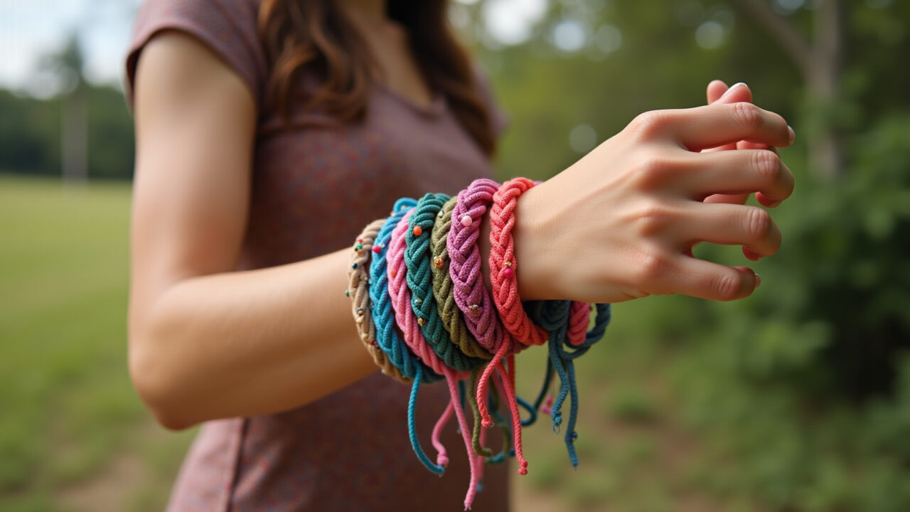Lifestyle photography of a woman wearing multiple vibrant macrame bracelets, focus on the colors, Mulher usando várias pulseiras de macramê coloridas.