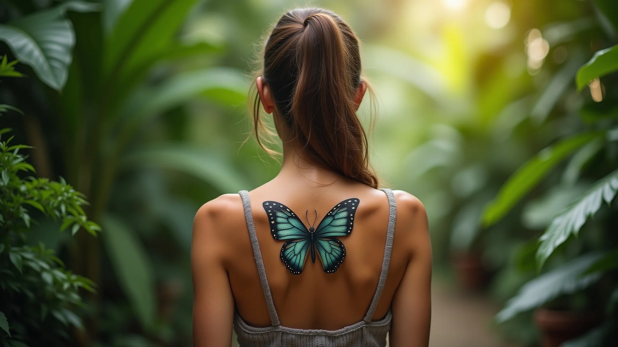 Mulher com tatuagem de borboleta nas costas em um exuberante jardim brasileiro.