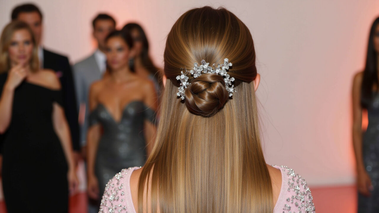 Lifestyle photography of a woman with a half-updo, bouffant and hair clips, long straight hair, Semi-preso com topete e brilho em cabelo longo e liso.