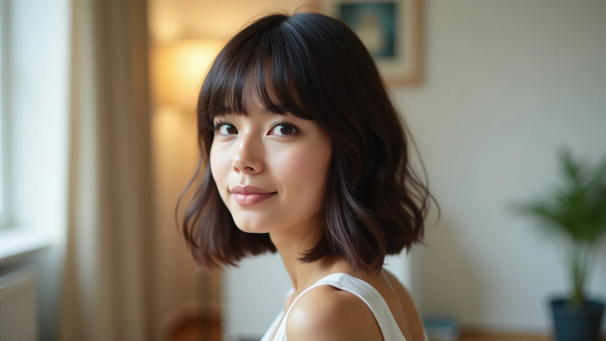 Mulher com long bob e franja lateral, em um ambiente iluminado, corte moderno e elegante.