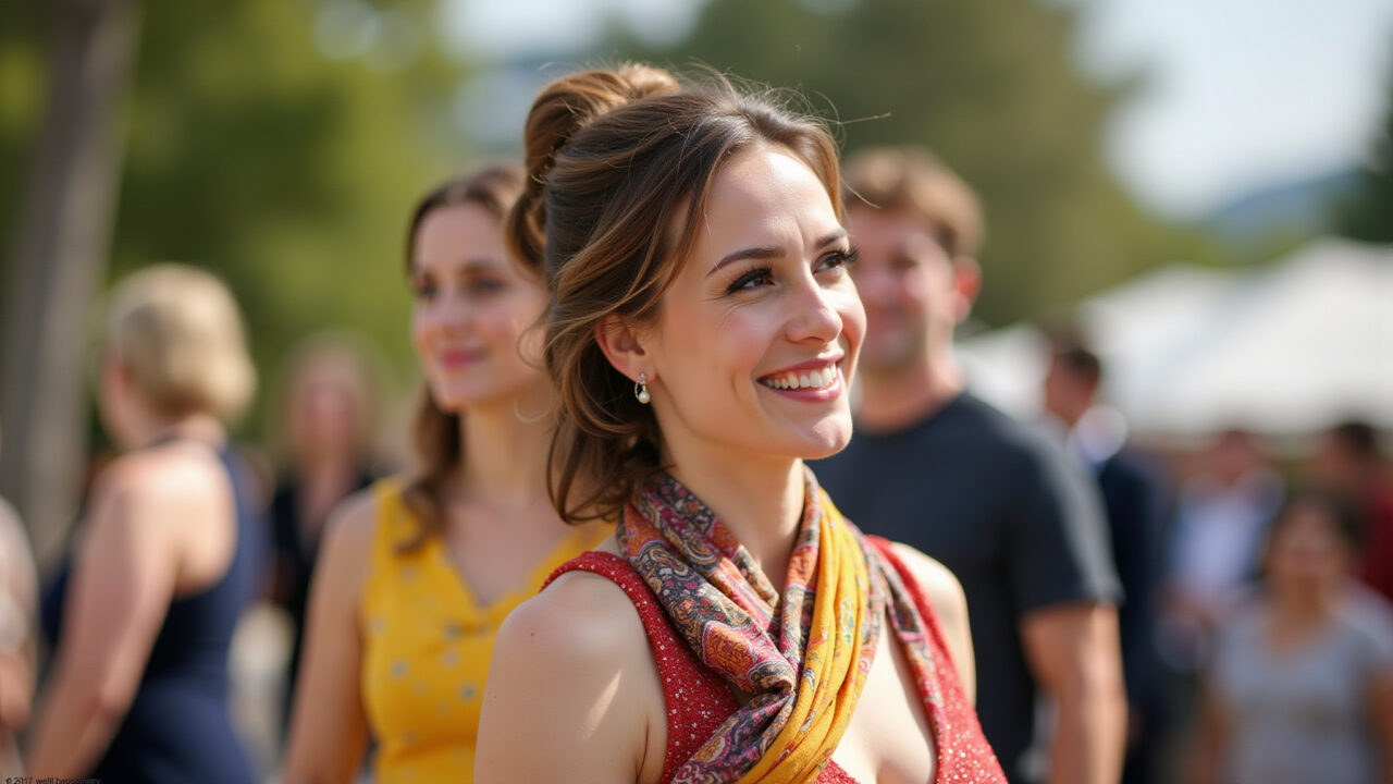 Lifestyle photography of a woman with a scarf in her hair, attending a wedding, original style, Convidada de casamento com lenço no cabelo, estilo ousado.