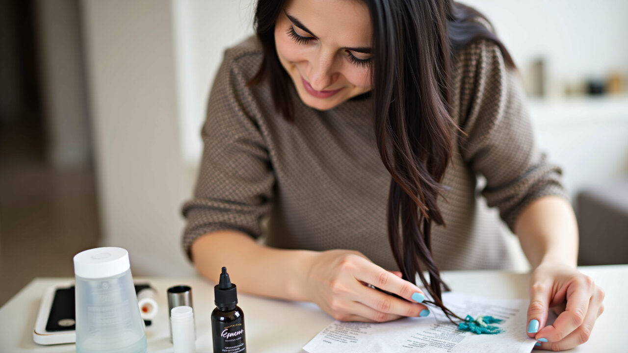 Lifestyle photography of a woman with dark hair preparing hair bleaching materials on a table, Mulher preparando materiais para descolorir o cabelo em casa.