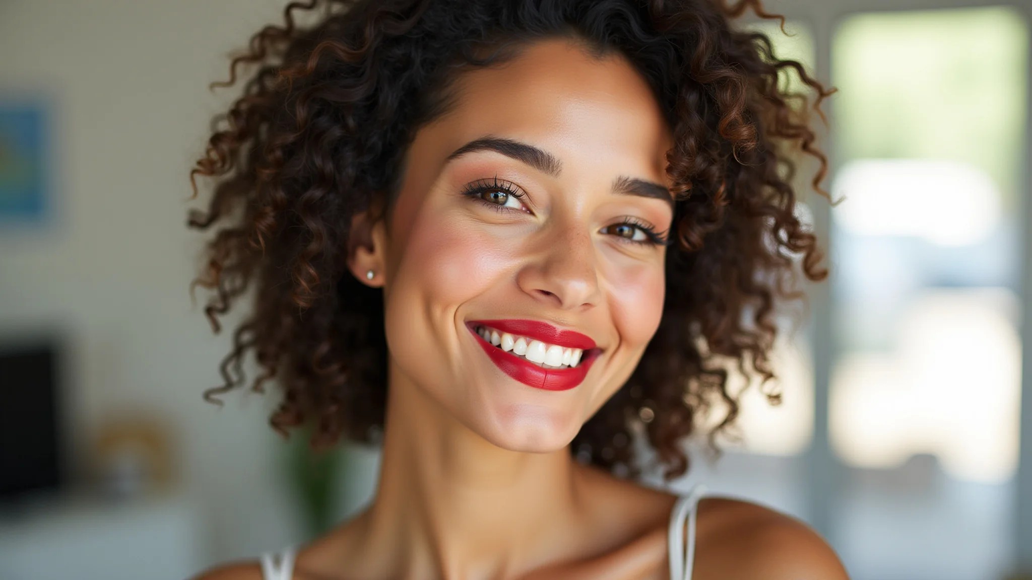 Mulher de pele clara com batom vermelho sorrindo em ambiente iluminado.