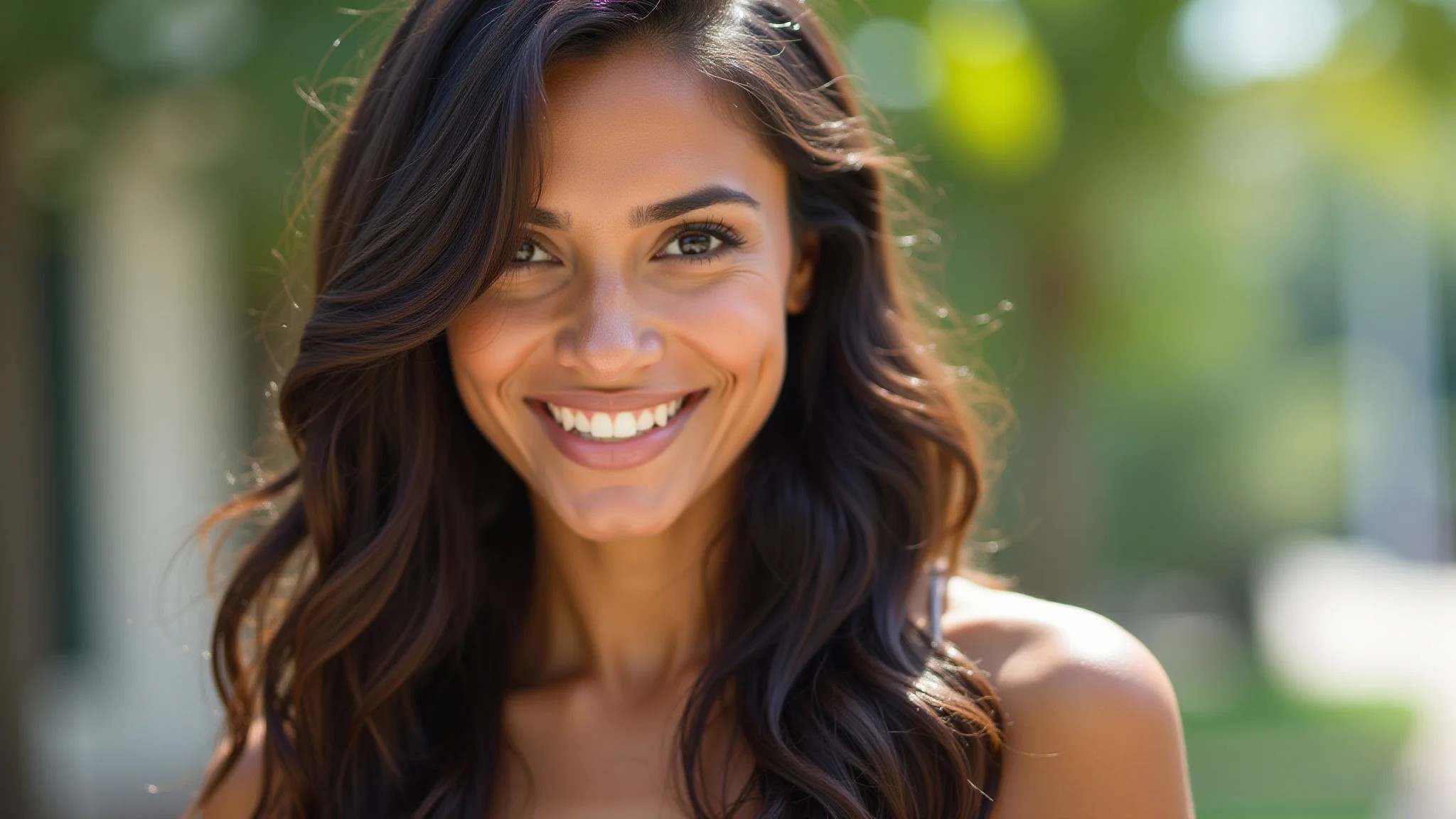 Mulher com cabelo longo, ondas suaves e risca lateral, em um ambiente iluminado, beleza brasileira.