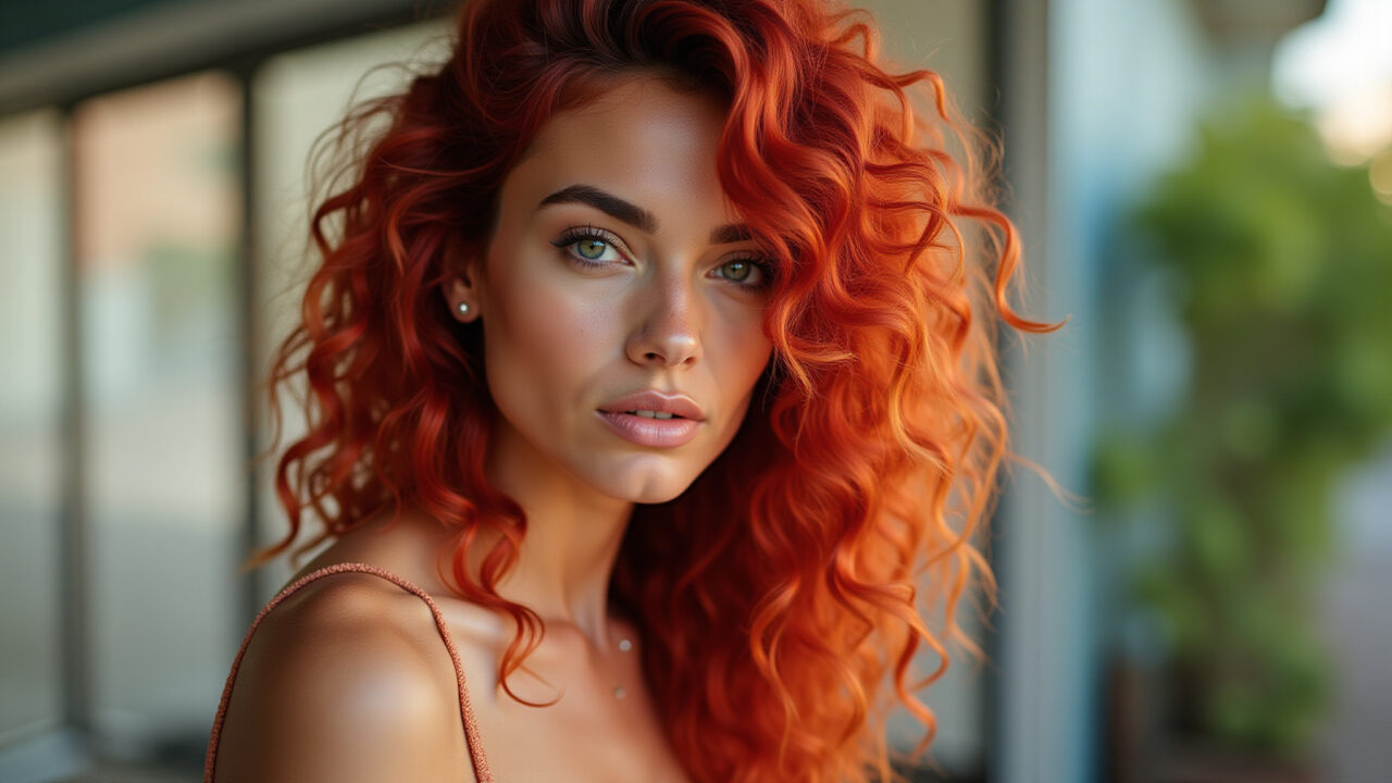 Lifestyle photography of a woman with red ombre hair, bold and vibrant style, natural light, 8k Mulher ruiva com ombre hair vibrante e ousado.
