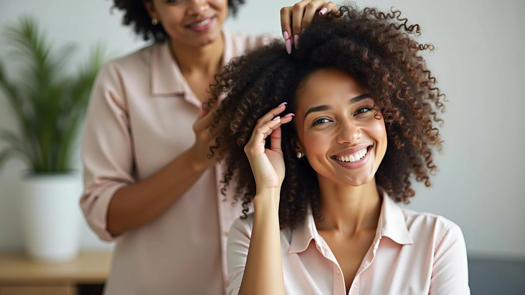 Mulher com cabelo crespo 4A fazendo tratamento de óleo capilar em casa.