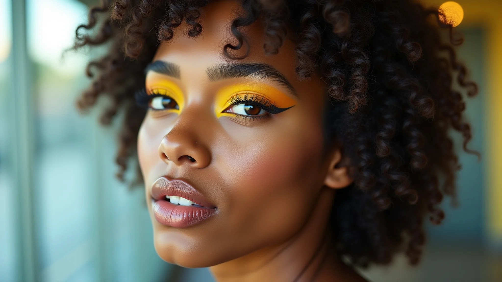 Mulher com sombra amarela, maquiagem com cores primárias.