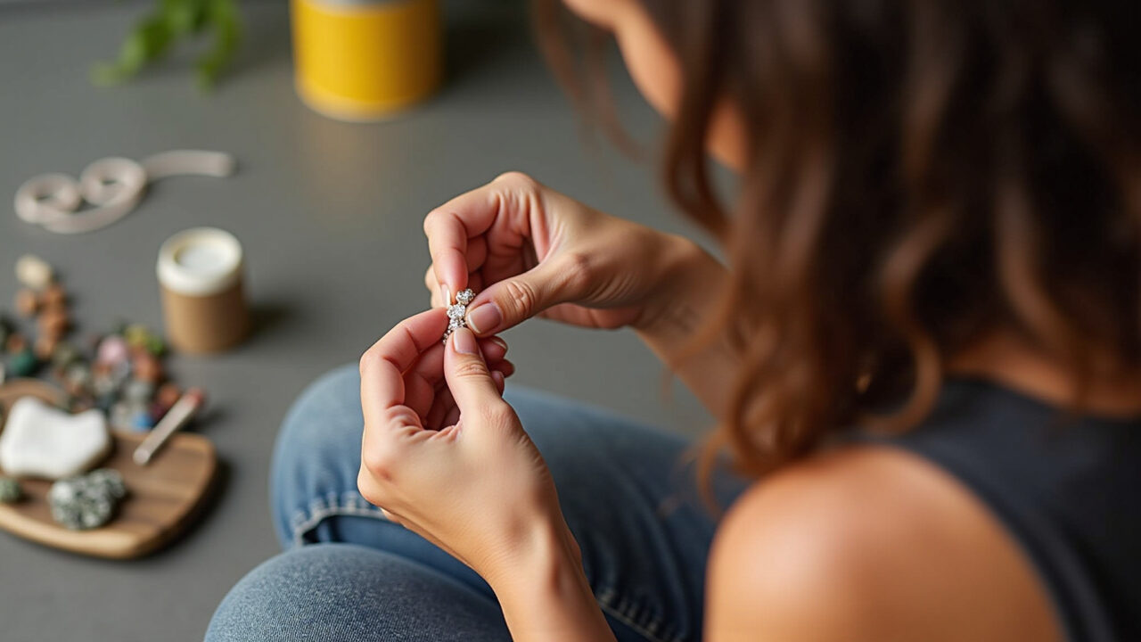 Lifestyle photography of a woman's hand crafting a macrame bracelet with natural stones, focus on Artesã criando pulseira de macramê com pedras naturais.