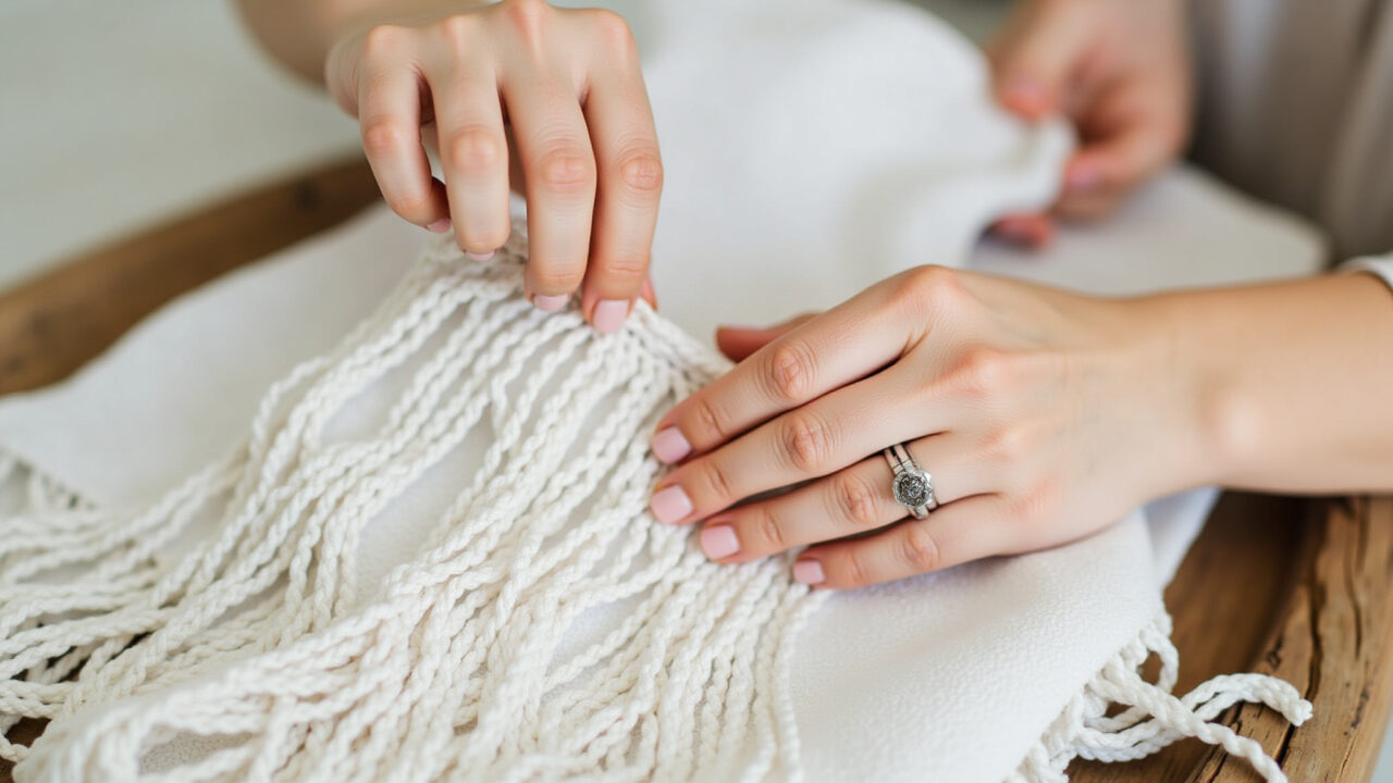 Lifestyle photography of a woman's hands adding macrame fringe to a white towel, close-up, natural Mãos femininas adicionando franjas de macramê a uma toalha branca.
