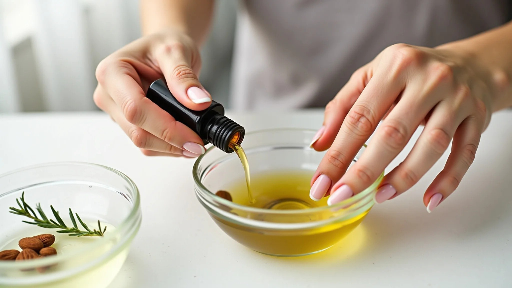 Preparando tratamento caseiro para unhas com óleo de cravo, amêndoas e alecrim.