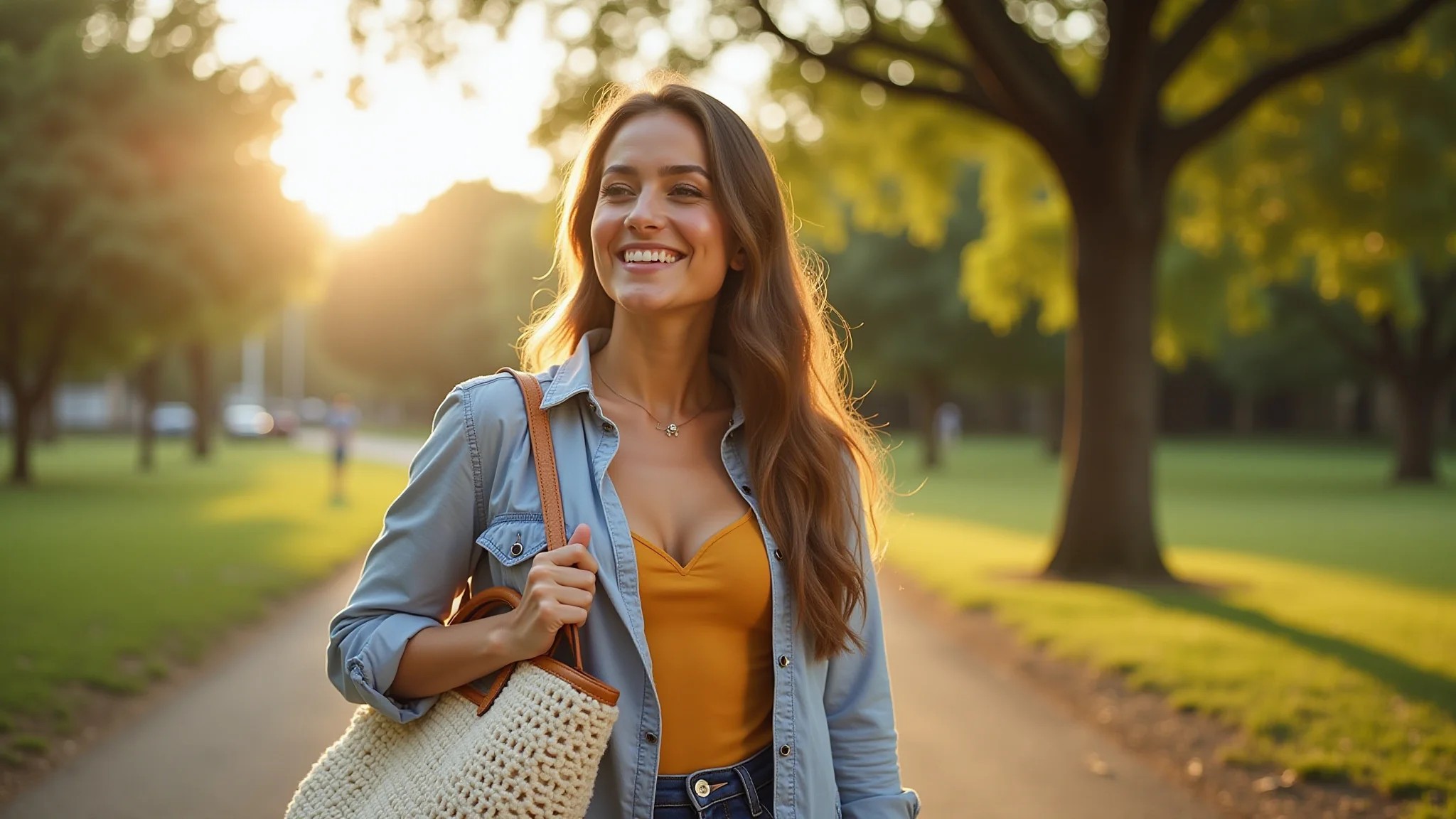 Mulher jovem e estilosa segurando bolsa de crochê com alça de madeira em um parque ensolarado.
