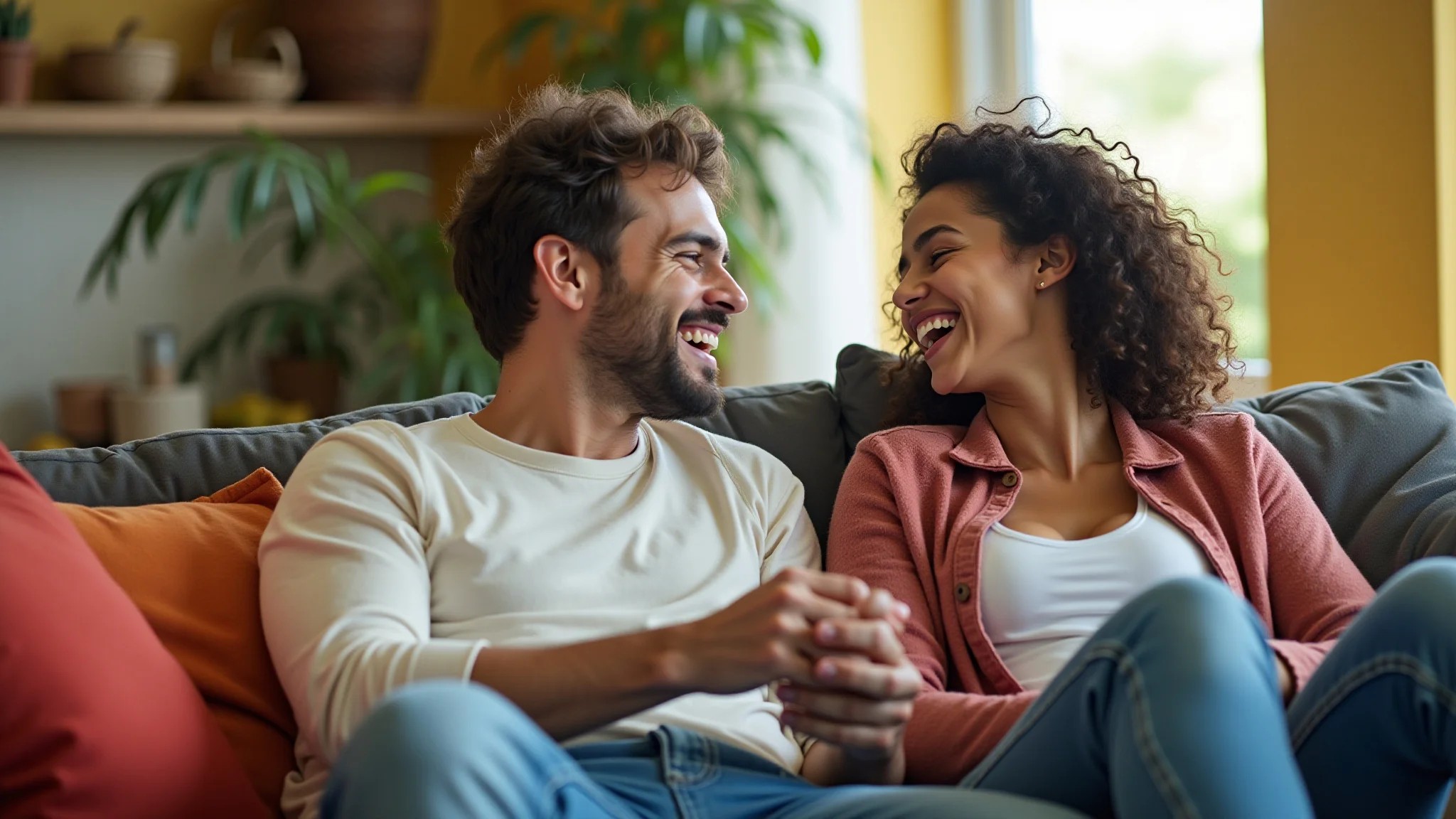 Casal brasileiro jovem conversando e rindo em um sofá aconchegante com decoração colorida.