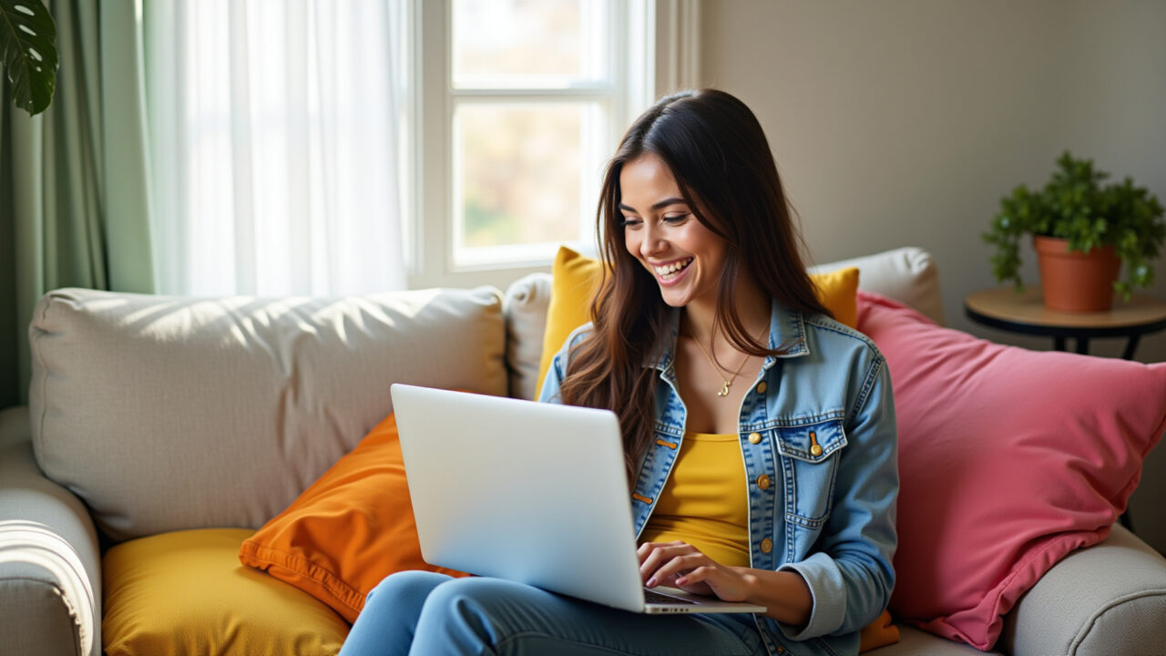 Mulher brasileira navegando em sites de moda feminina.