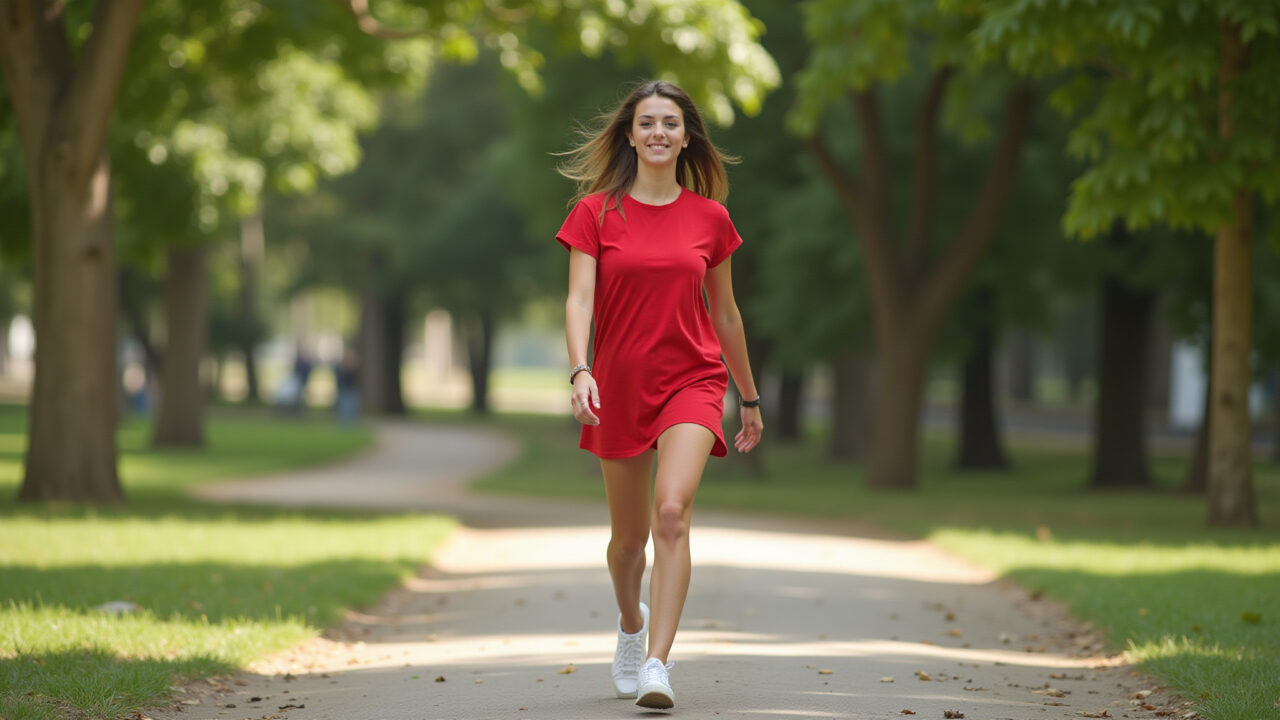 Mulher jovem com vestido vermelho casual e tênis branco em parque.