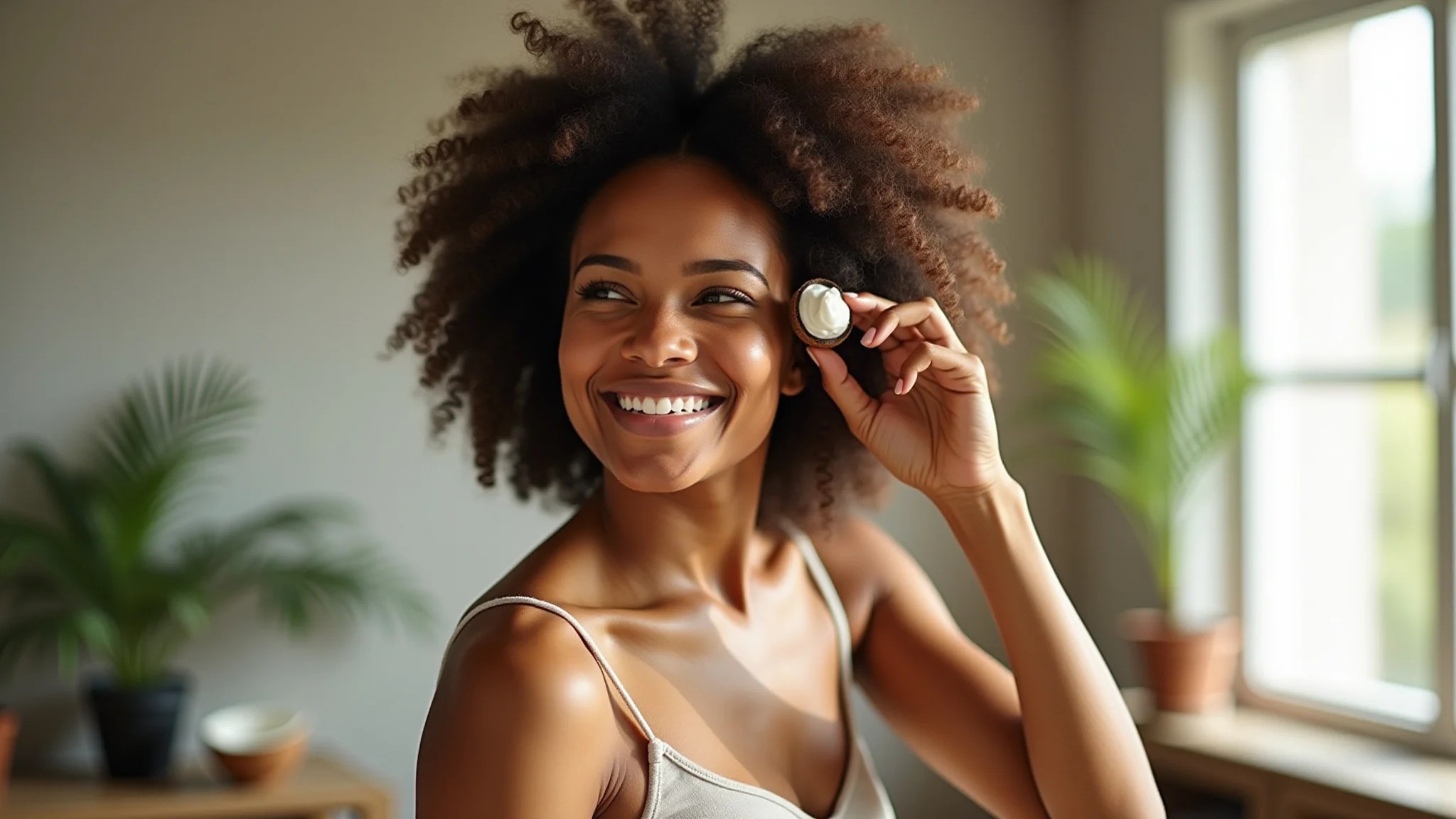 Jovem brasileira aplicando óleo de coco no cabelo em casa, decoração vibrante estilo Farm Rio.