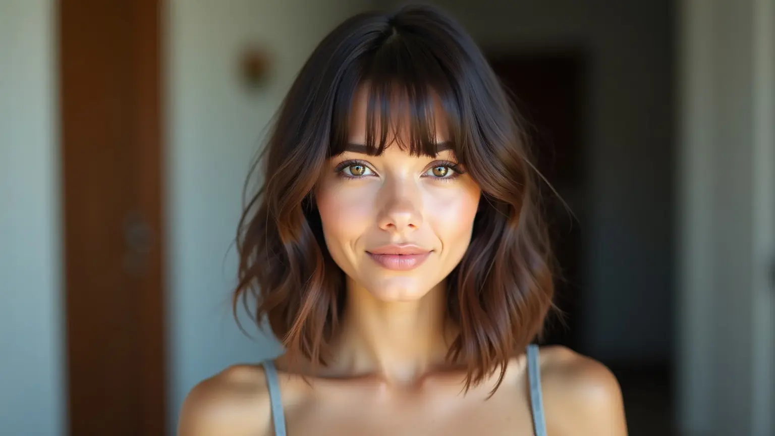 Mulher jovem brasileira com rosto oval e testa grande, usando long bob estiloso com franja lateral.