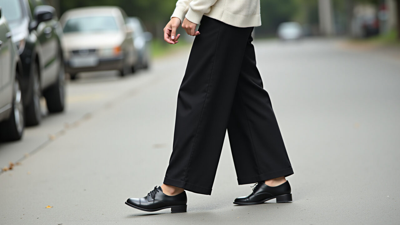 Lifestyle photography of a young woman in black wide-leg pants, white turtleneck, oxford shoes, in Look minimalista com calça pantalona preta, blusa de gola alta e sapato Oxford.