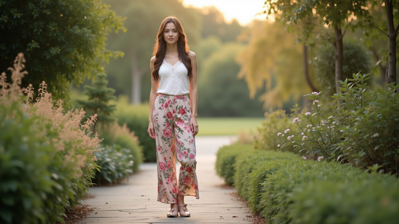 Lifestyle photography of a young woman in floral wide-leg pants, lace top, ballet flats, in a Look romântico com calça pantalona floral, blusa de renda e sapatilha bailarina.