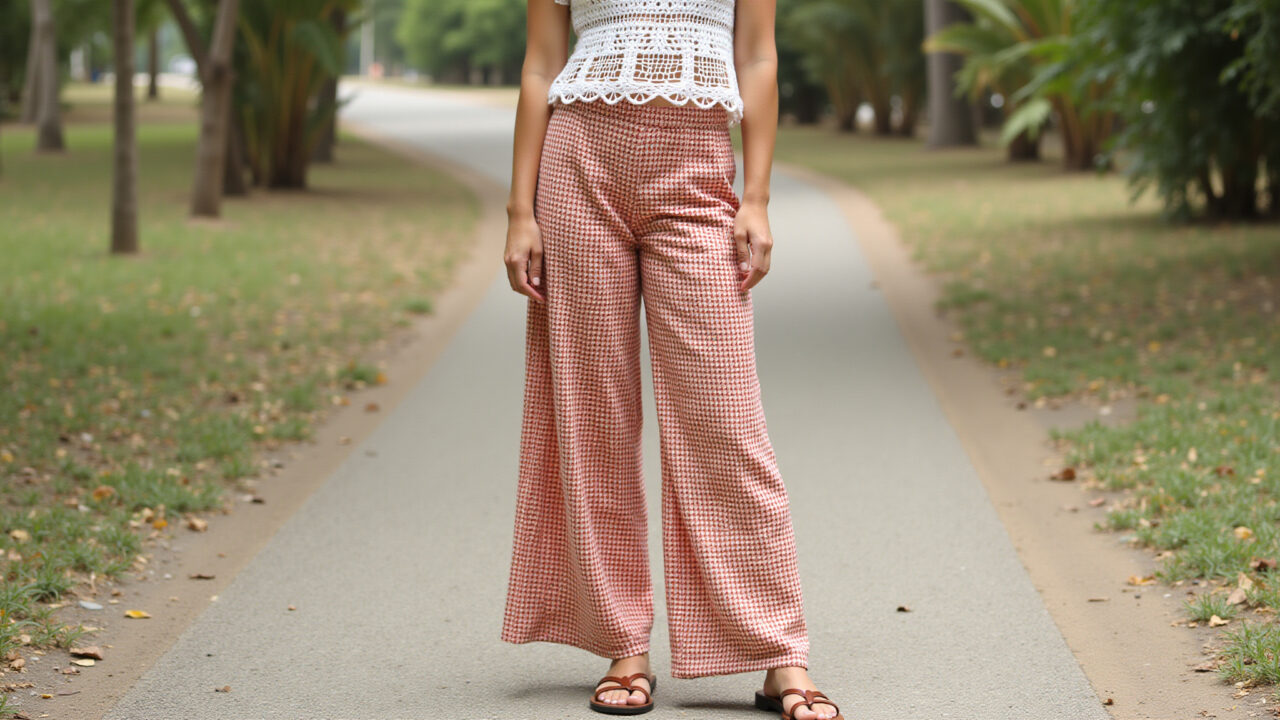 Lifestyle photography of a young woman in patterned wide-leg pants, crochet top, sandals, outdoors. Look boho com calça pantalona estampada, blusa de crochê e rasteirinha.