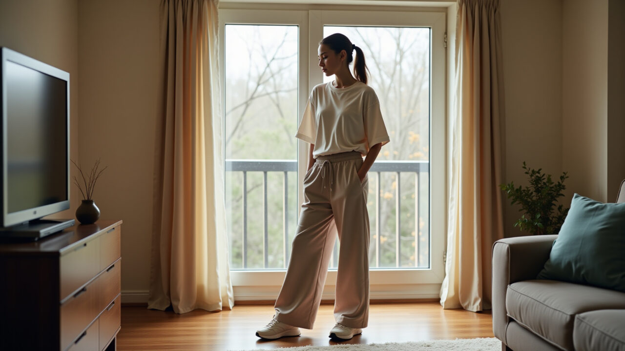 Lifestyle photography of a young woman in sweatpants wide-leg, oversized t-shirt, chunky sneakers, Look confortável com calça pantalona de moletom, camiseta oversized e tênis chunky.