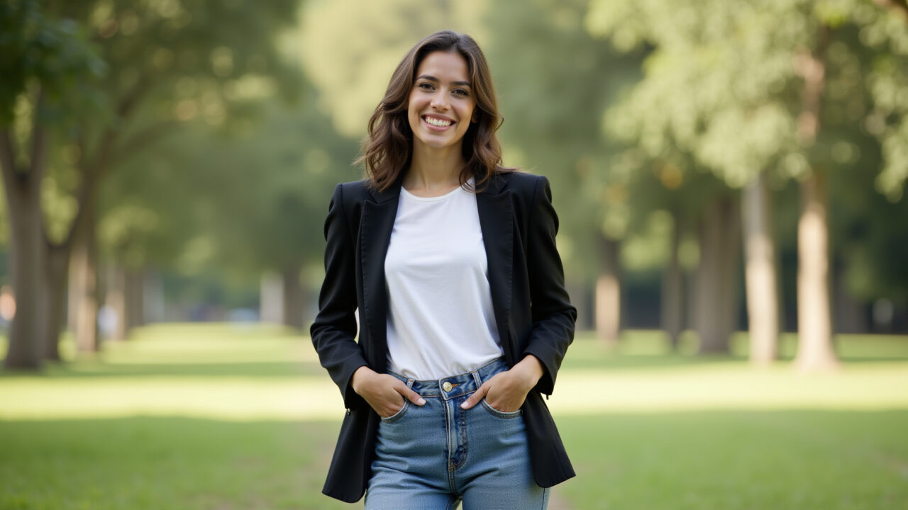Lifestyle photography of a young woman in wide-leg jeans, white tee, blazer, smiling in a park. Look casual chic com calça pantalona jeans e blazer oversized.