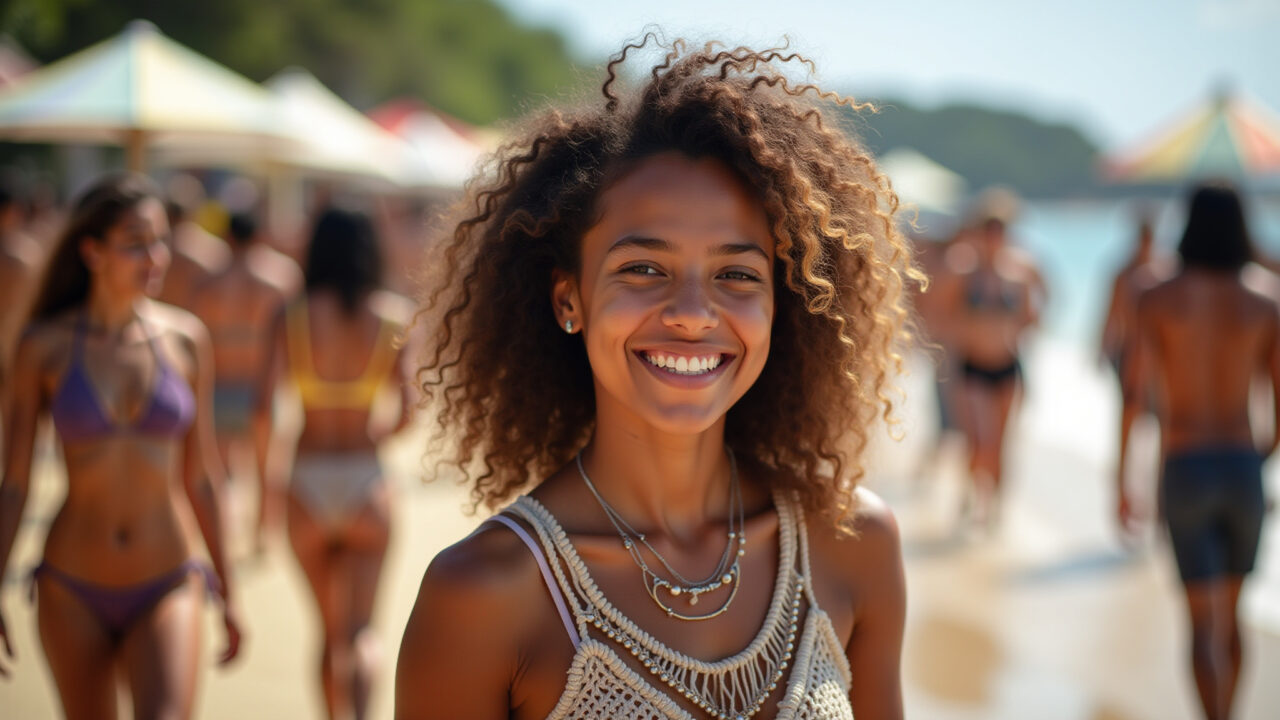 Mulher jovem usando top de macramê em festival de praia na Bahia.