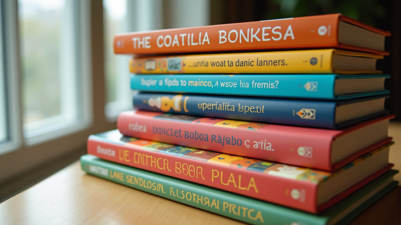 Livros infantis coloridos empilhados.