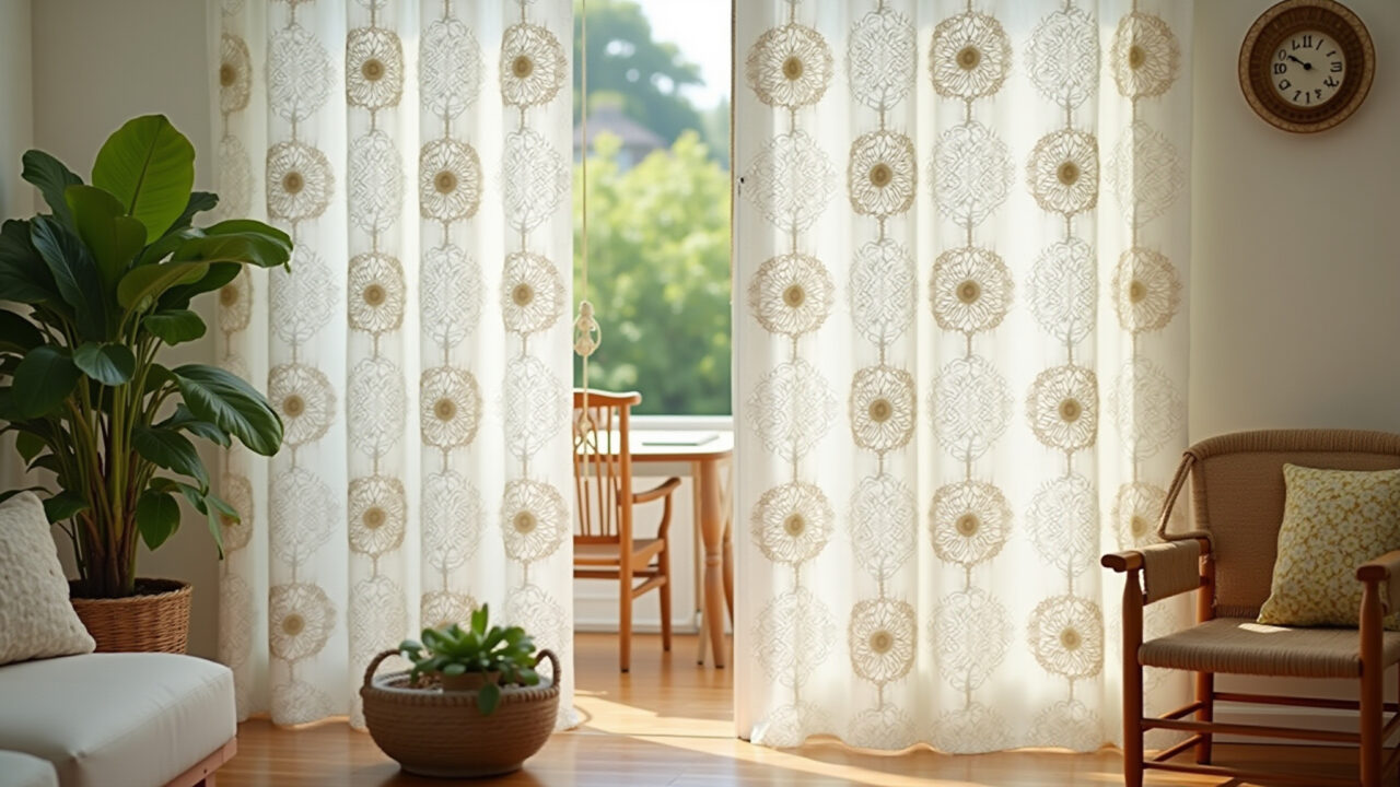 Lifestyle photography of crocheted daisy curtains in a bright living room, light and airy decor, Cortinas de margaridas de crochê em uma sala de estar iluminada.
