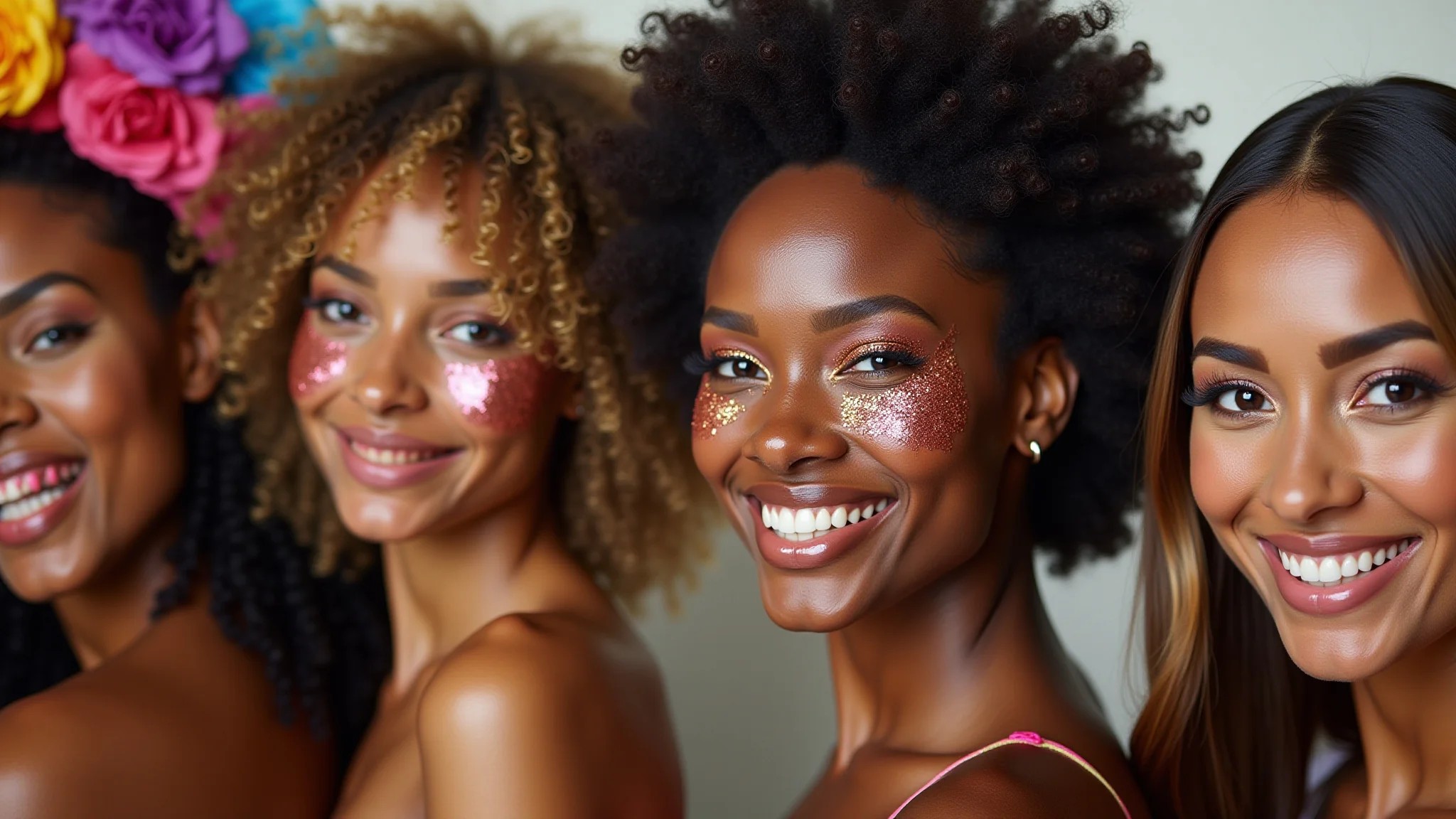 Grupo diverso de mulheres com maquiagem de glitter celebrando o carnaval.