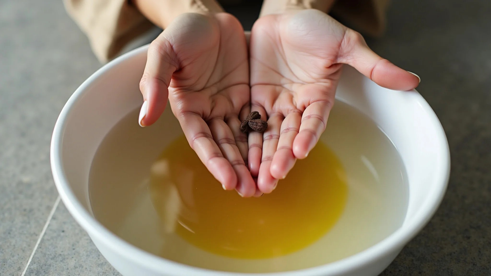 Mãos diversas em imersão com óleo de cravo para tratamento de unhas.