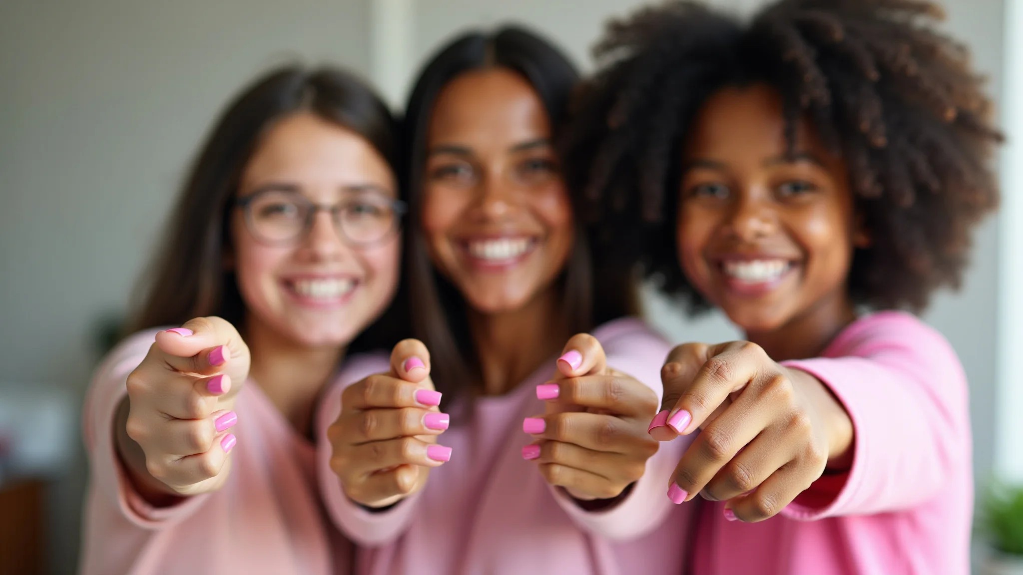 Mulheres diversas exibindo unhas rosas decoradas em apoio ao Outubro Rosa.