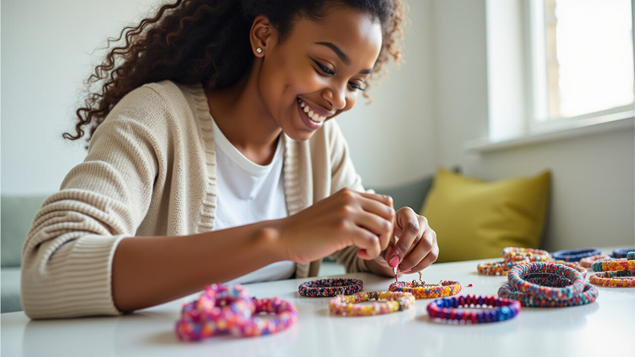 Lifestyle photography of diverse young woman smiling, crafting colorful beaded bracelets at a Mulher sorrindo cria pulseiras de miçanga coloridas.