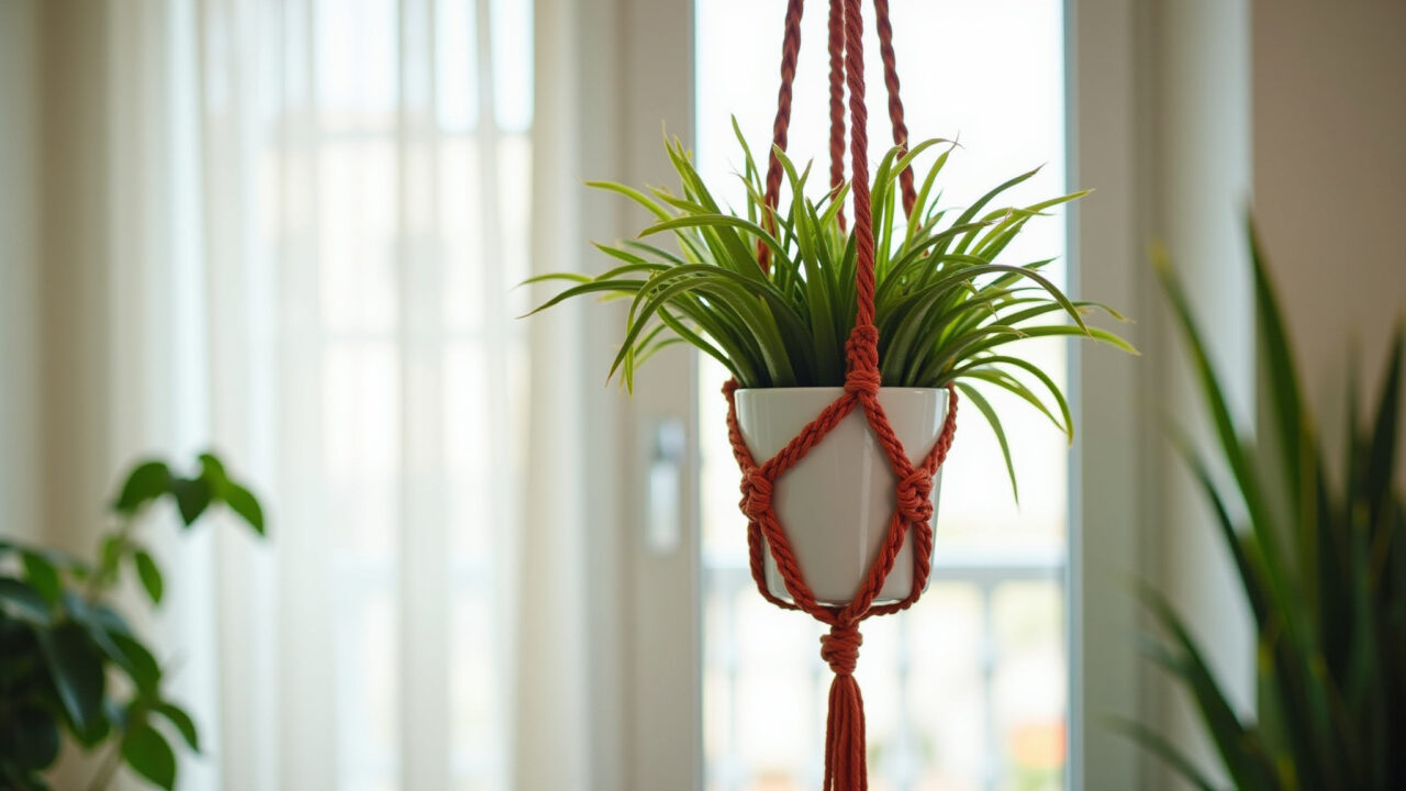 Suporte de planta suspenso feito de macramê em sala iluminada.