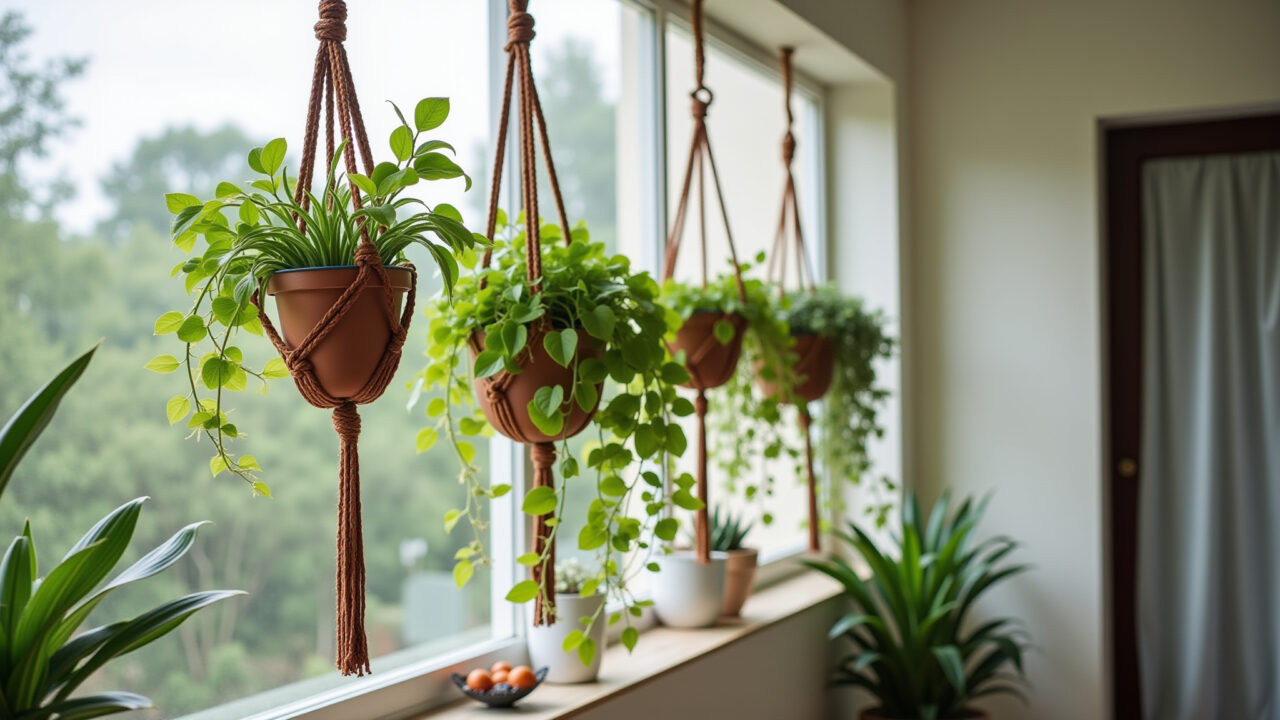 Suportes de plantas em macramê pendurados em uma varanda ensolarada.
