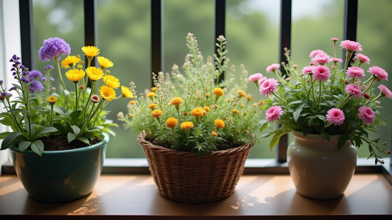 Lifestyle photography of mini-gardens in vases and baskets with wildflowers, Brazilian balcony, Mini-jardins em vasos e cestas com flores.