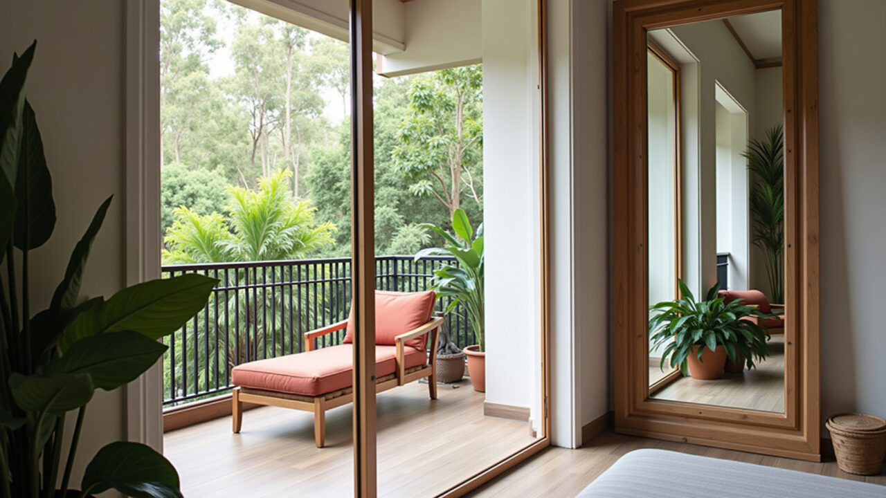 Lifestyle photography of mirrors visually expanding double height balcony, large mirrors, natural Espelhos ampliando visualmente varanda com pé direito duplo.