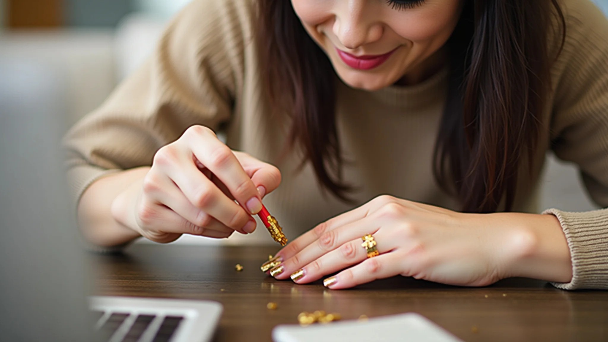 Mulher aplicando folha de ouro nas unhas em casa, criando sua nail art DIY.