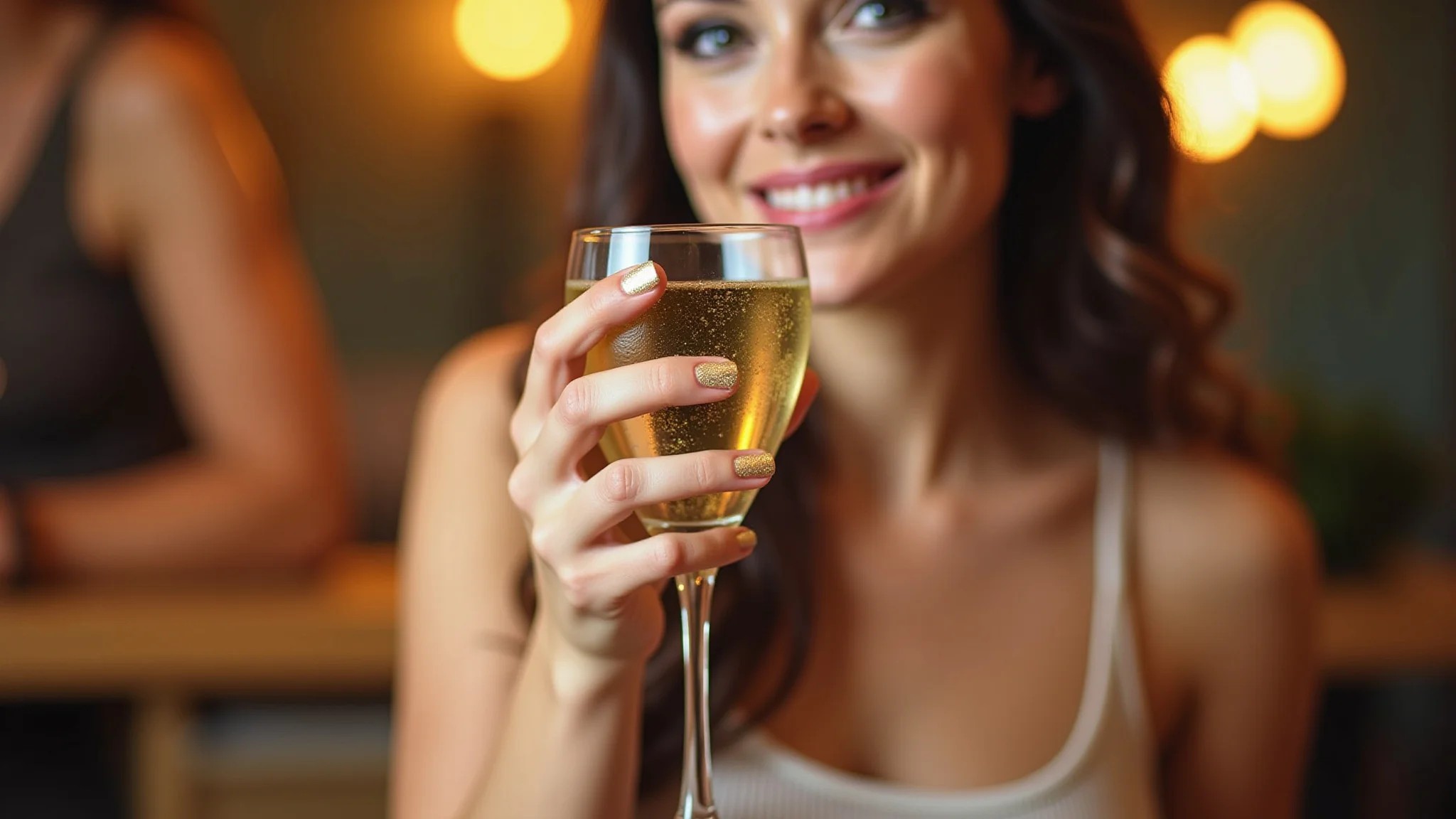 Mulher com unhas de folha de ouro segurando champanhe em uma festa, glamour e celebração.