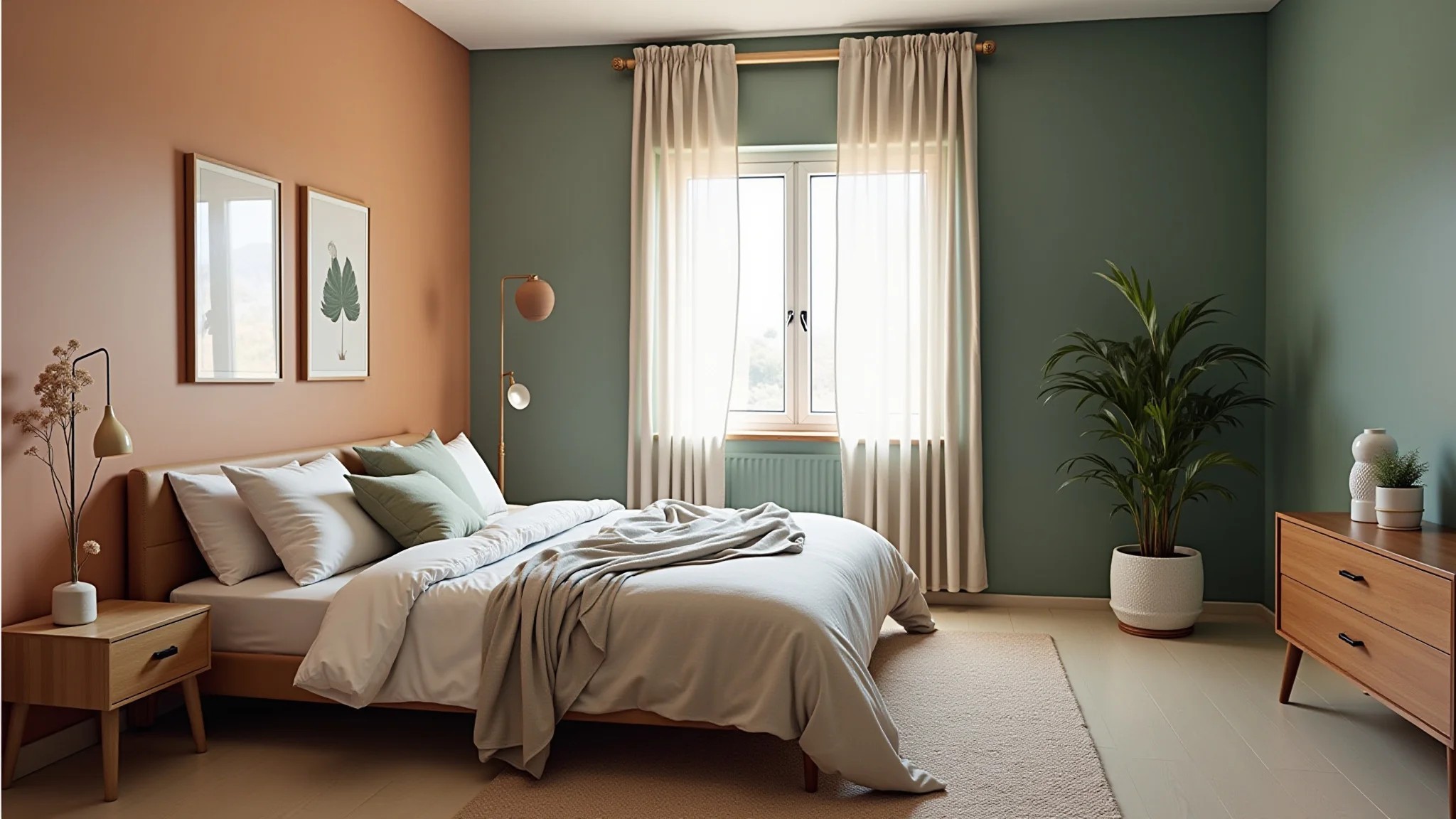 Quarto de casal pequeno com paredes coloridas e móveis minimalistas.