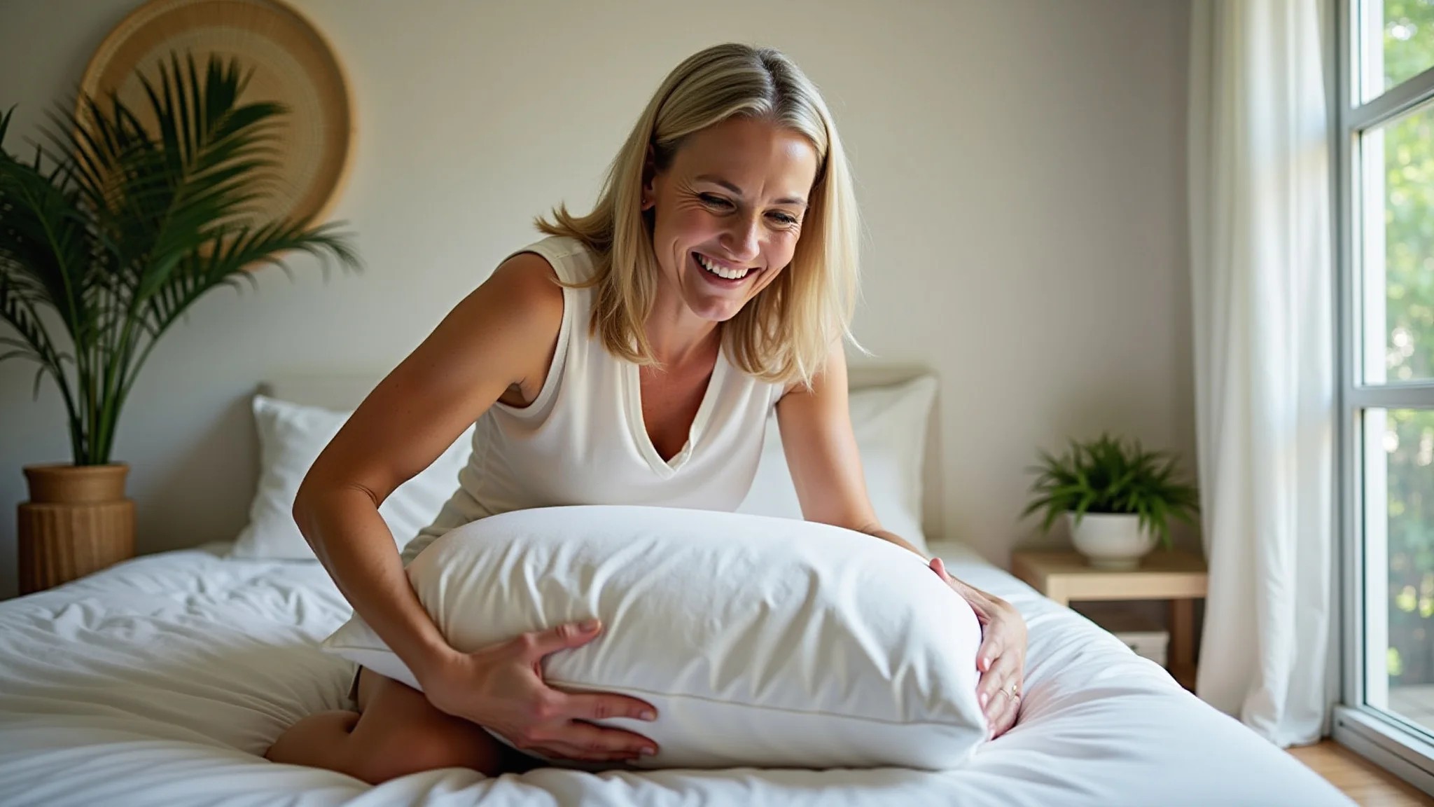 Mulher madura sorrindo, afofando travesseiro em cama com decoração brasileira.