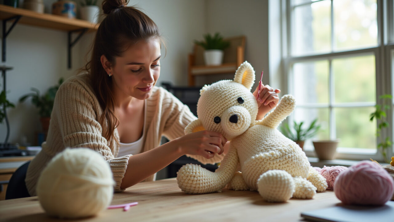 Lifestyle photography, woman crafting a large amigurumi, oversized design, yarn, crochet hook, Mulher criando amigurumi grande e detalhado.