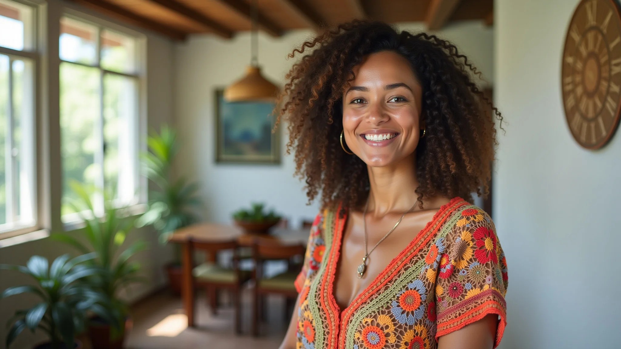 Mulher sorrindo em casa ensolarada, vestindo blusa de crochê colorida.