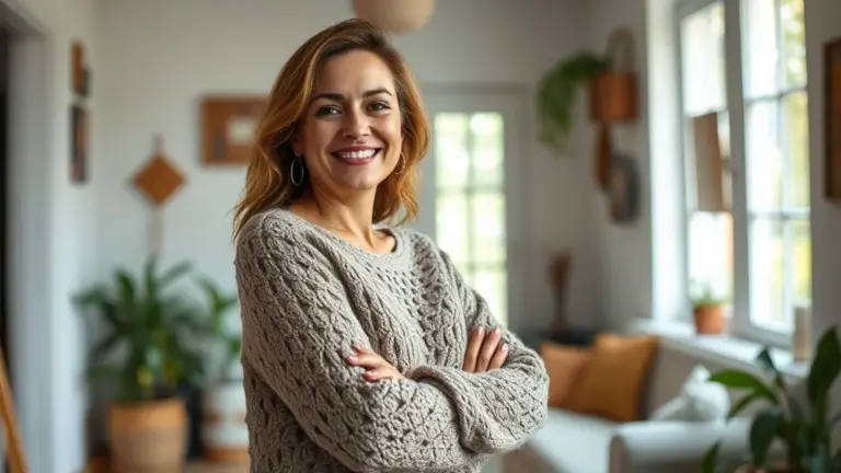 Mulher sorrindo, vestindo blusa de crochê manga longa feita à mão em casa brasileira ensolarada.