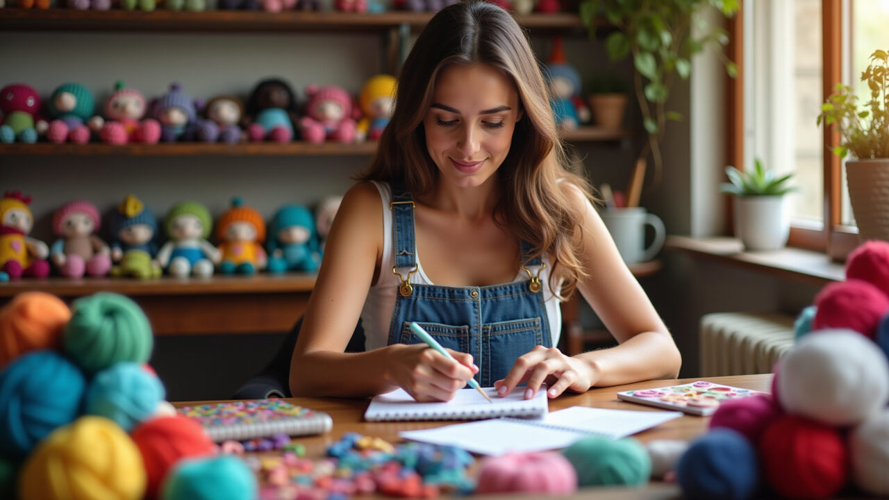 Lifestyle photography, woman in a colorful Brazilian atelier, calculating amigurumi costs, Mulher calculando custos de amigurumi em ateliê.