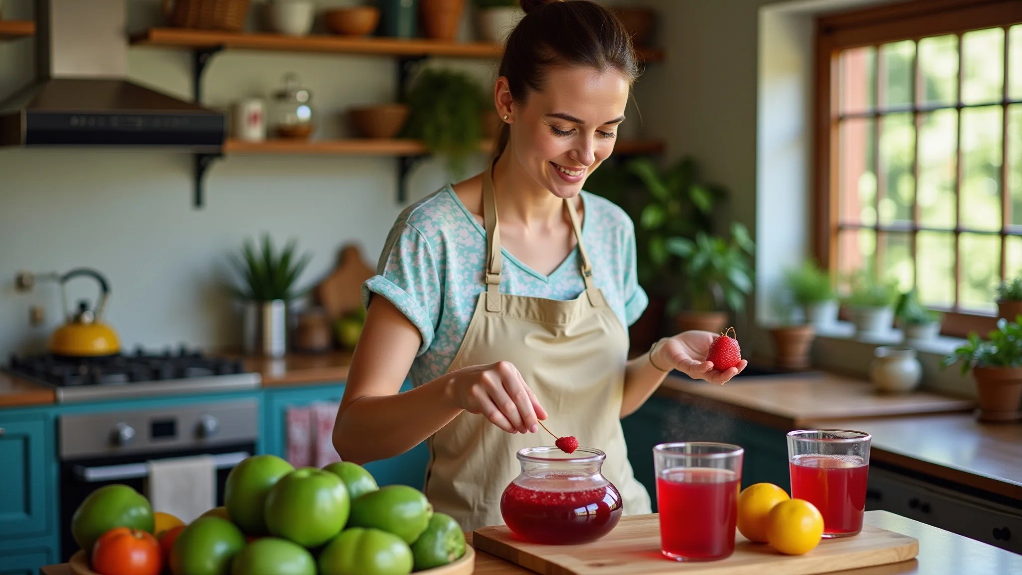 Mulher preparando chá de hibisco em cozinha brasileira colorida.